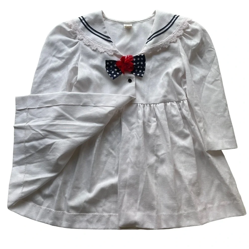 Vintage Just Adorable Sailor Dress White Navy Blue Size 6X Nautical Lace lapel